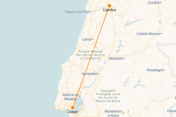 Mapa del tren de Coimbra a Lisboa