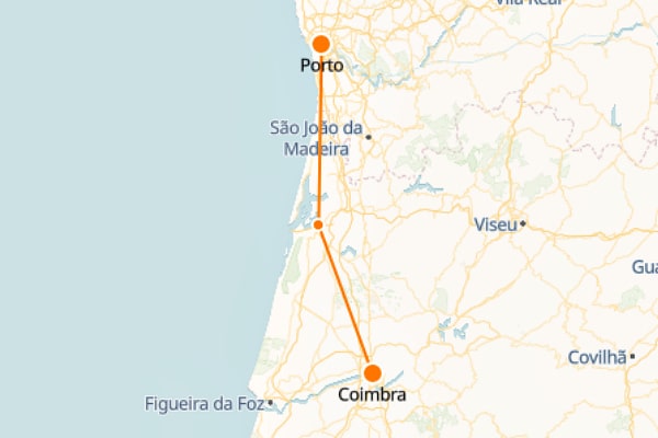 Mapa del tren de Oporto a Coimbra