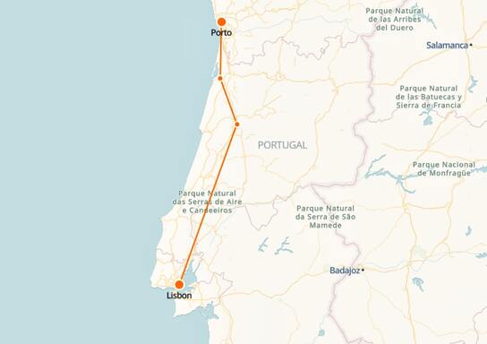 Mapa del tren de Oporto a Lisboa