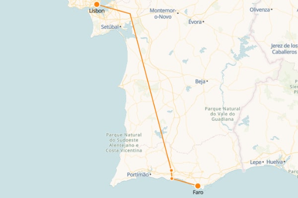 Mapa del tren de Lisboa a Faro