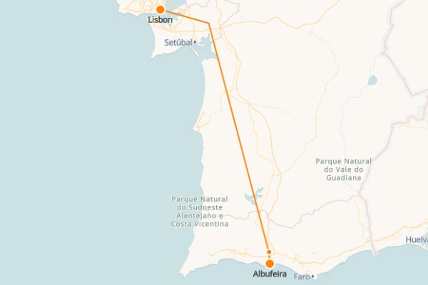 Mapa del tren Lisboa - Albufeira