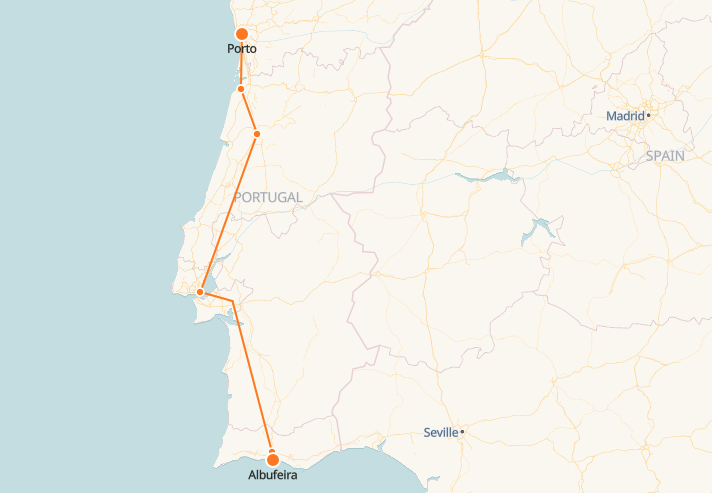 Mapa del tren de Oporto a Albufeira